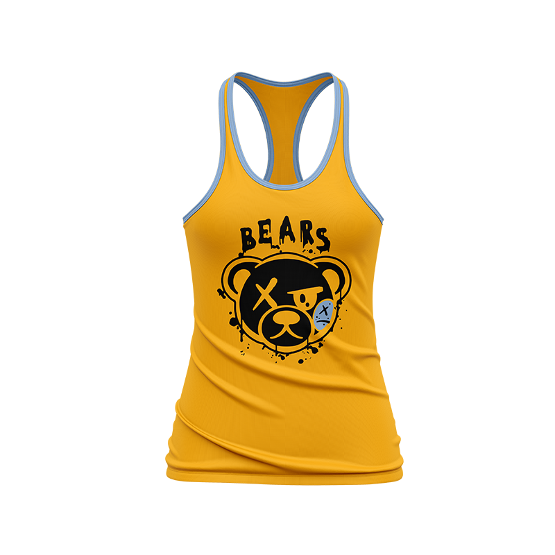 Yellow bears racerback sports bra by BOLT Custom Sportswear, showcasing its comfortable fit and vibrant color.