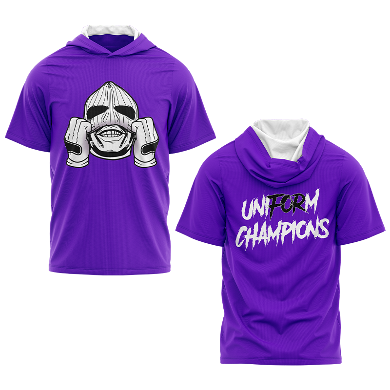 Purple GOON SQUAD short sleeve hoodie by BOLT Custom Sportswear, featuring a hood and bold design.