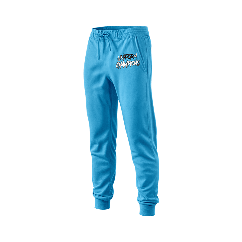 Blue GOON SQUAD windbreaker joggers by BOLT Custom Sportswear, showing the lightweight, athletic jogger pants with logo detail.