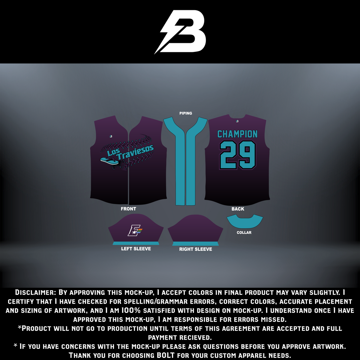 Bolt Custom Sportswear Los Traviesos full button sports jersey with vibrant colors and team logo, front view.