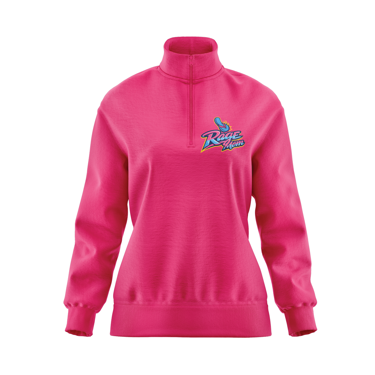 Women's pink Rage quarter zip top by BOLT Custom Sportswear, lightweight athletic jacket with a high collar and full zipper.