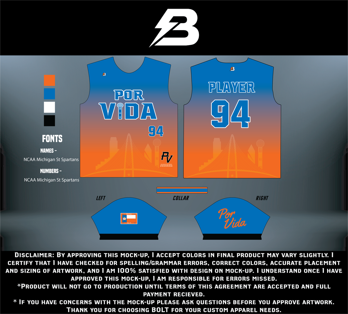 Bright orange POR VIDA T-shirt by BOLT Custom Sportswear displayed on a hanger, showcasing vibrant color and casual fit.