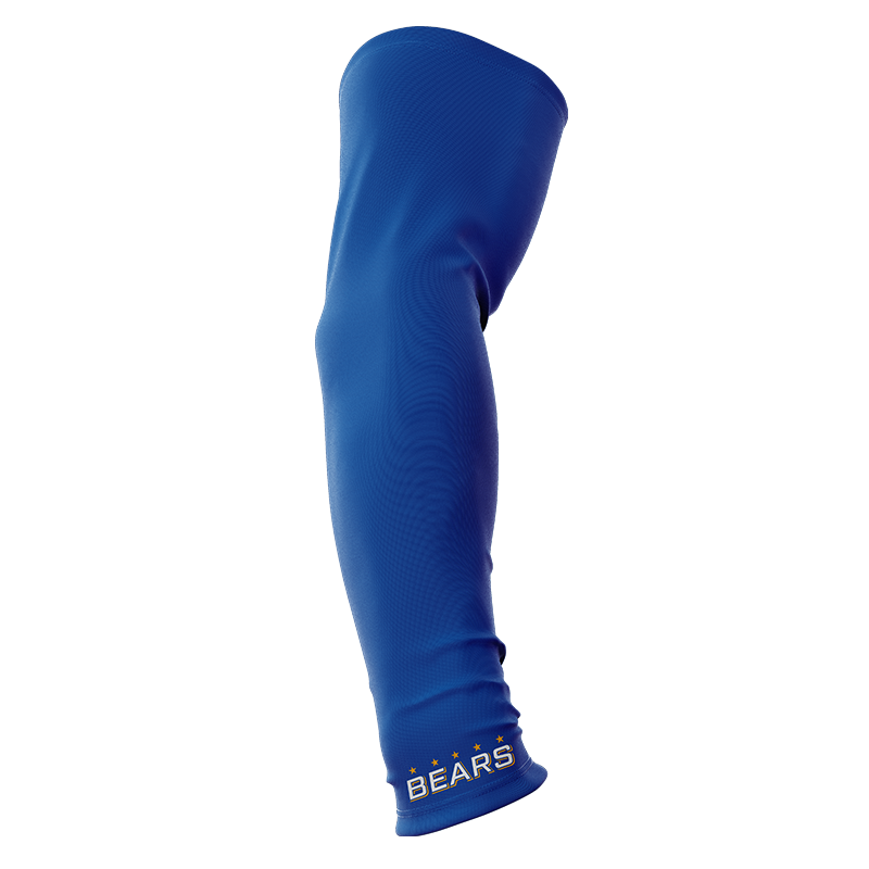 Blue bears arm sleeve by BOLT Custom Sportswear, featuring a colorful bear design on stretch athletic fabric.