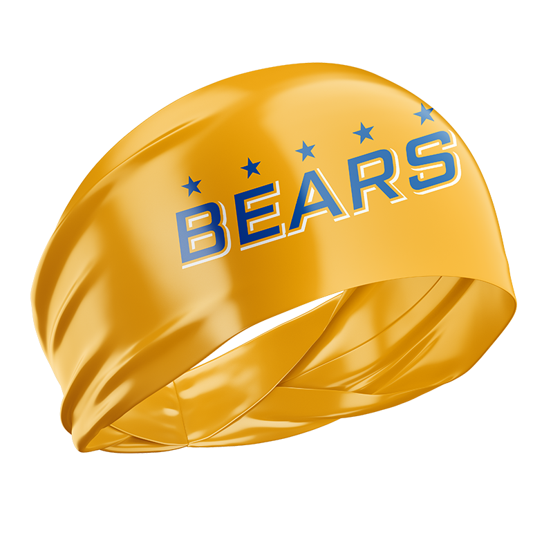 Yellow bears headband by BOLT Custom Sportswear, featuring a playful bear design and comfortable stretch fabric.