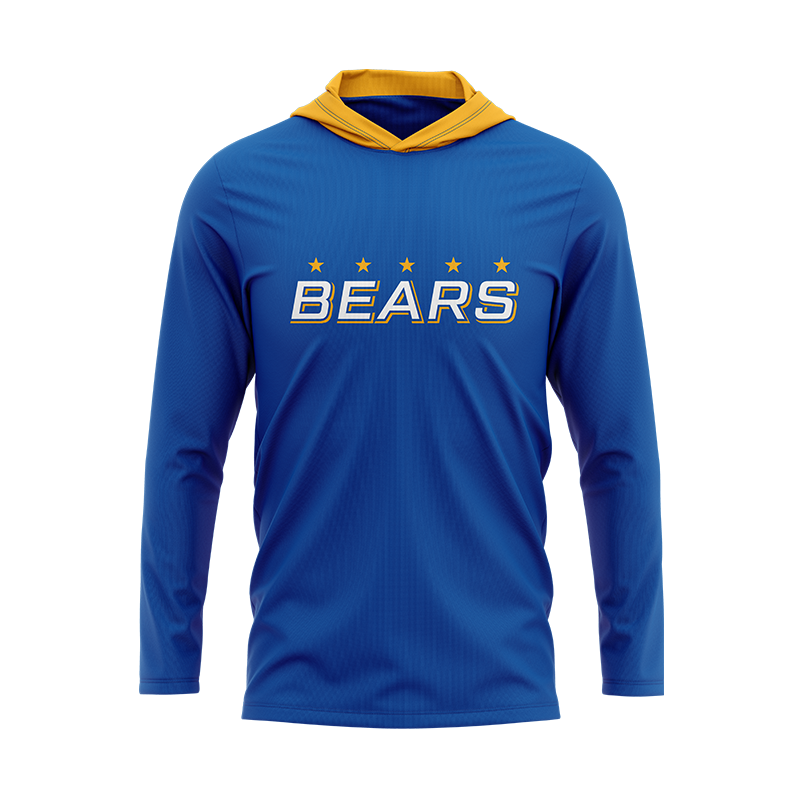 Blue long sleeve shirt featuring Bears logo, from BOLT Custom Sportswear, designed for comfortable athletic or casual wear.