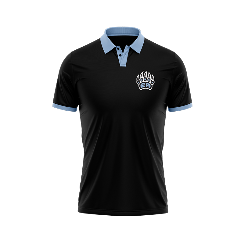 Black Bears polo shirt by BOLT Custom Sportswear displayed on a hanger, showing the collar and front design.