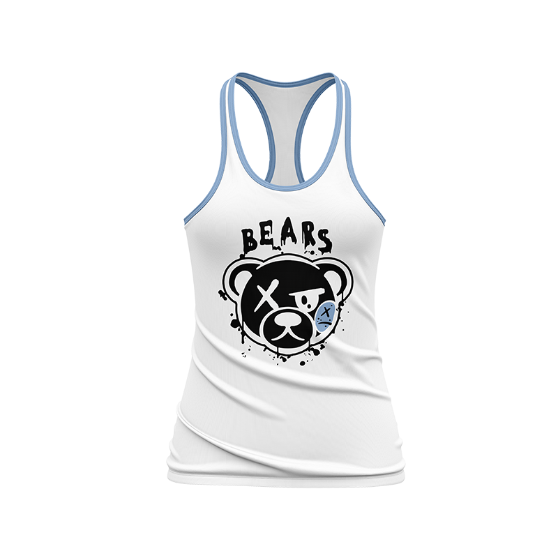 White Bears Racerback sports top by BOLT Custom Sportswear, featuring a comfortable racerback design and bold bear graphic.