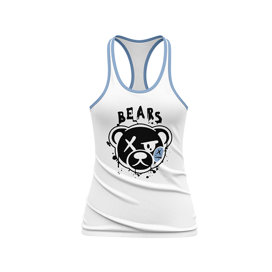 White Bears Racerback sports top by BOLT Custom Sportswear, featuring a comfortable racerback design and bold bear graphic.