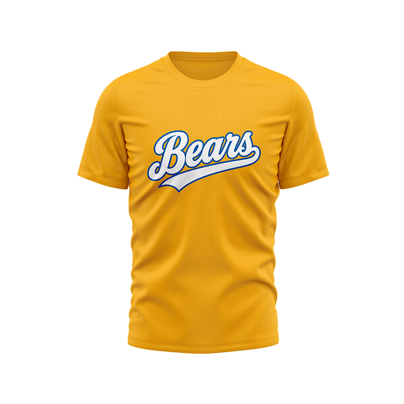 Bright yellow bears short sleeve t-shirt from BOLT Custom Sportswear featuring a playful bear design on the front.