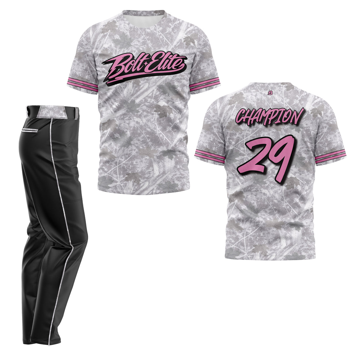 Pink camo BOLT ELITE sportswear hoodie featuring a bold camouflage pattern and the BOLT Custom Sportswear logo.