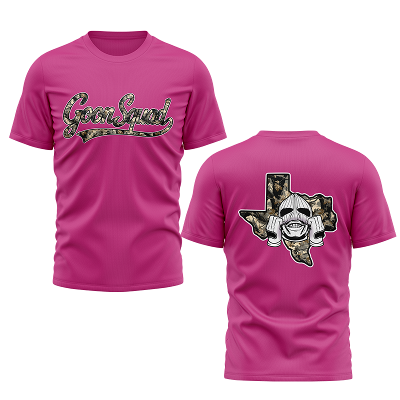 Bolt Custom Sportswear Goon Squad Camo pink athletic shorts with camouflage pattern and sporty design.