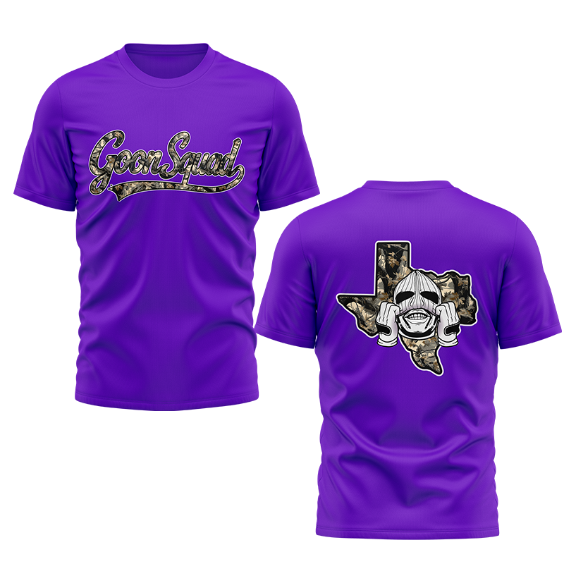 Purple camouflage GOON SQUAD BOLT Custom Sportswear T-shirt with bold logo design.