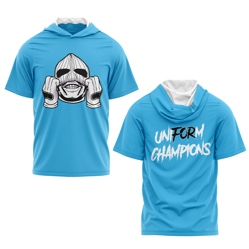 Blue GOON SQUAD short sleeve hoodie by BOLT Custom Sportswear, featuring a hood and casual athletic style.