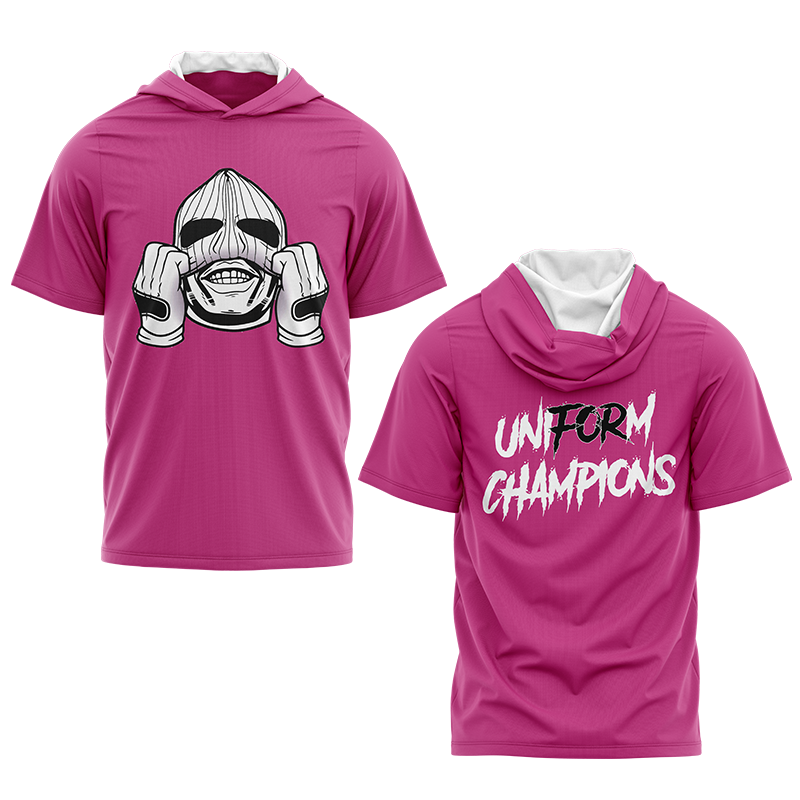 Pink GOON SQUAD short sleeve hoodie by BOLT Custom Sportswear, featuring a hood and casual athletic style.