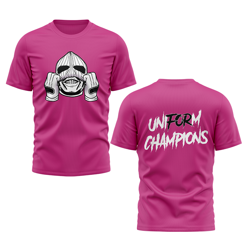 Pink GOON SQUAD short sleeve T-shirt by BOLT Custom Sportswear, featuring a vibrant design on the front.