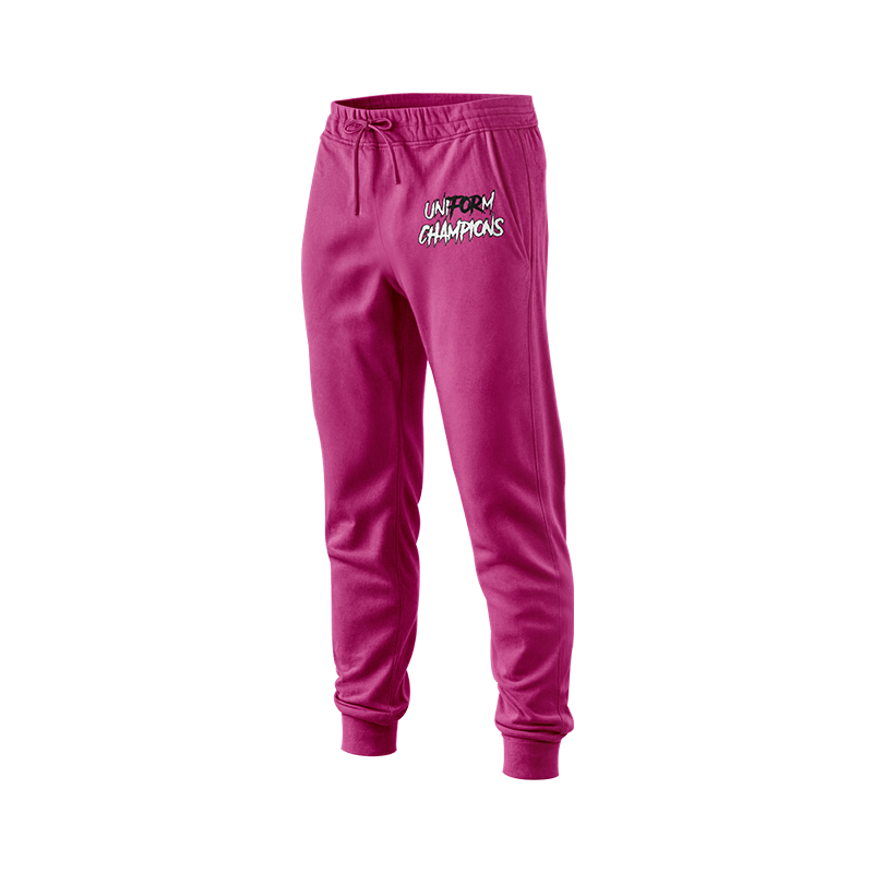 Pink Goon Squad windbreaker joggers by BOLT Custom Sportswear, shown on a mannequin with adjustable drawstrings and elastic cuffs.