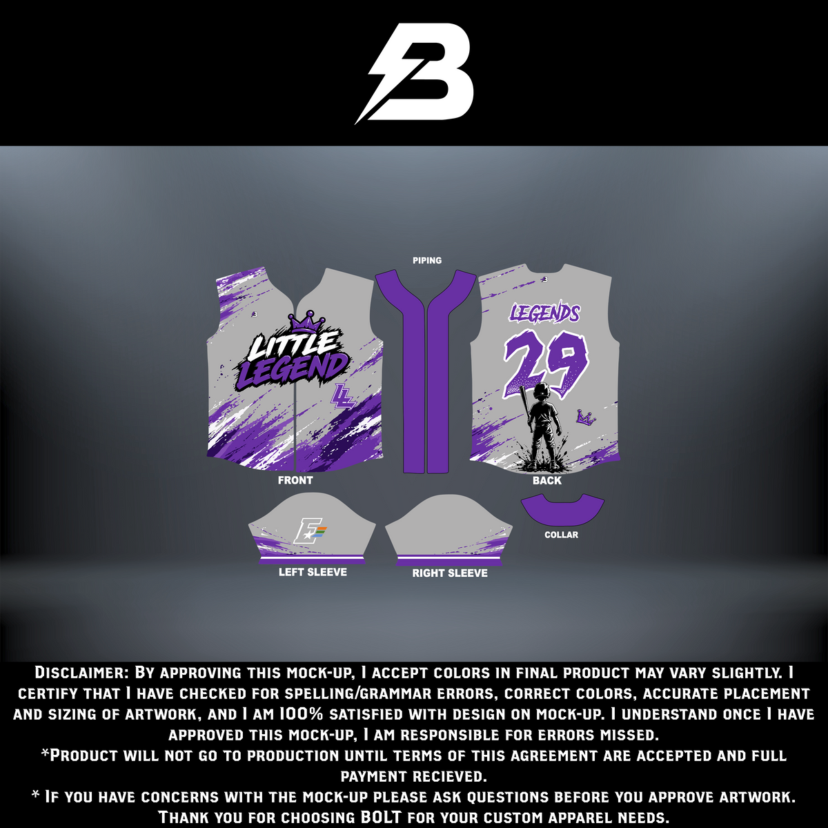 Little Legend full button shirt by BOLT Custom Sportswear featuring vibrant design and durable fabric.