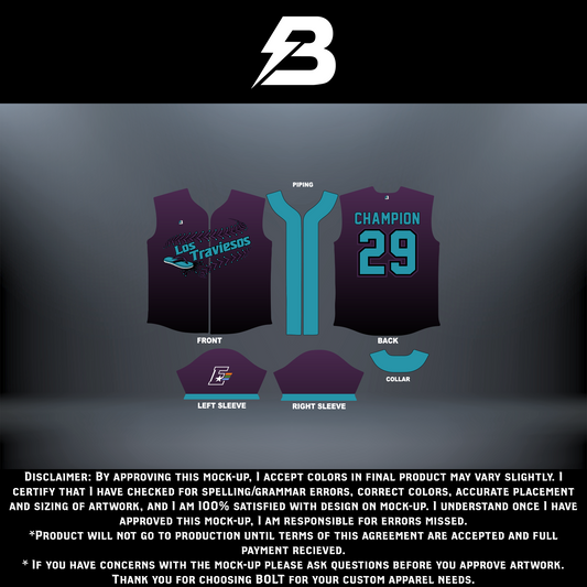 Bolt Custom Sportswear Los Traviesos full button sports jersey with vibrant colors and team logo, front view.