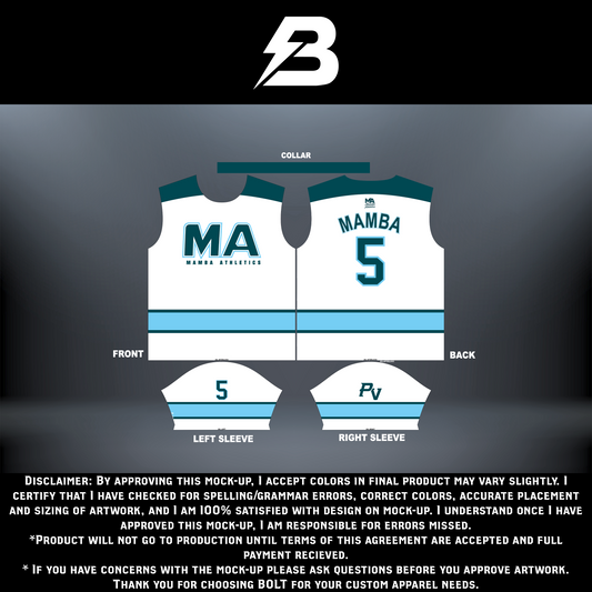 MAMBAS ATHLETICS ICEMAN sports jersey by BOLT Custom Sportswear, featuring a blue and white design with athletic branding.