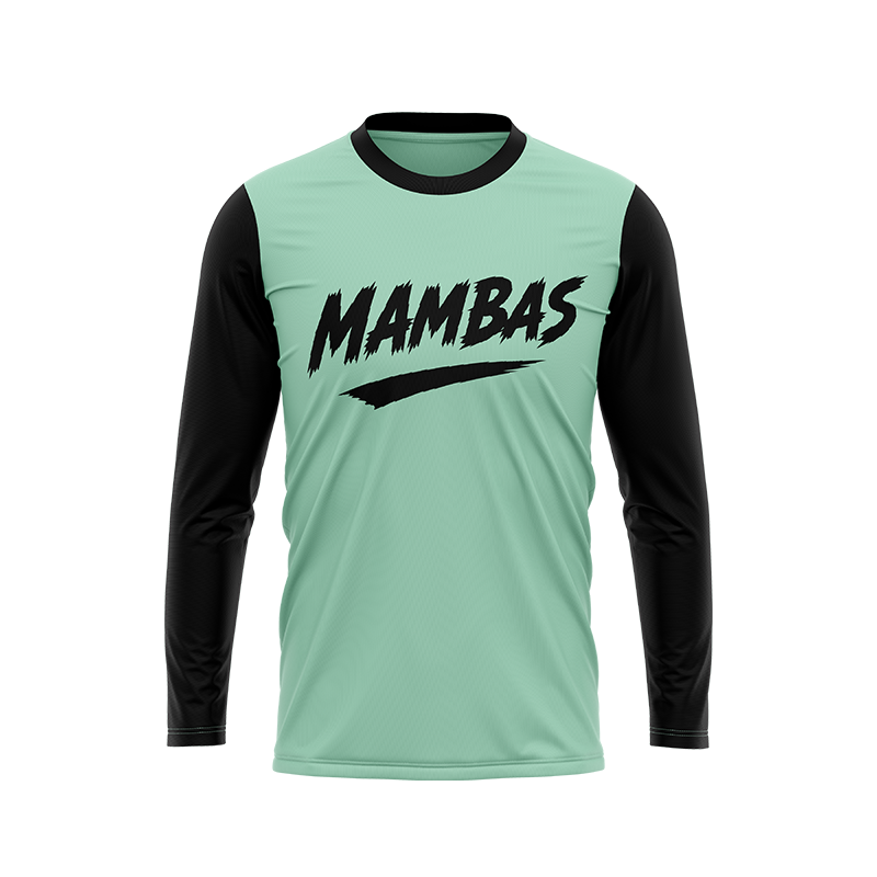 Blue and mint green long sleeve shirt from BOLT Custom Sportswear's MAMBAS collection, with a sleek, sporty design.