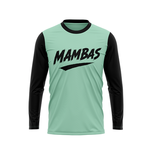 Blue and mint green long sleeve shirt from BOLT Custom Sportswear's MAMBAS collection, with a sleek, sporty design.
