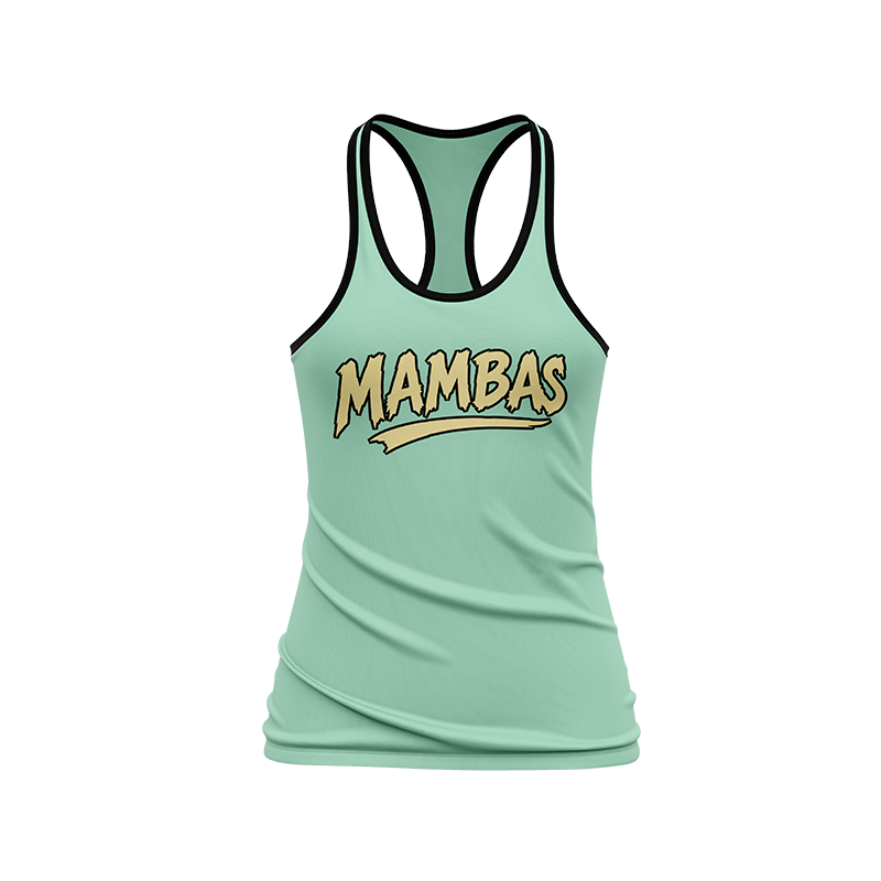 Black MAMBAS Racerback sports bra by BOLT Custom Sportswear, featuring a snug fit and breathable fabric.