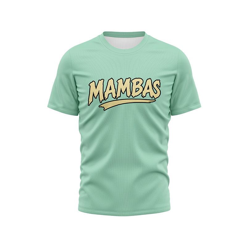 Mint green MAMBAS short sleeve T-shirt by BOLT Custom Sportswear, displayed flat with visible logo and fabric texture.