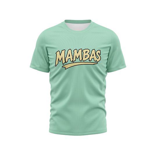 Mint green MAMBAS short sleeve T-shirt by BOLT Custom Sportswear, displayed flat with visible logo and fabric texture.