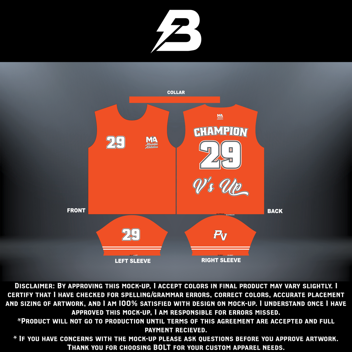 Orange MAMBA ATHLETICS V'S UP shirt by BOLT Custom Sportswear, featuring bold graphics and athletic fit.