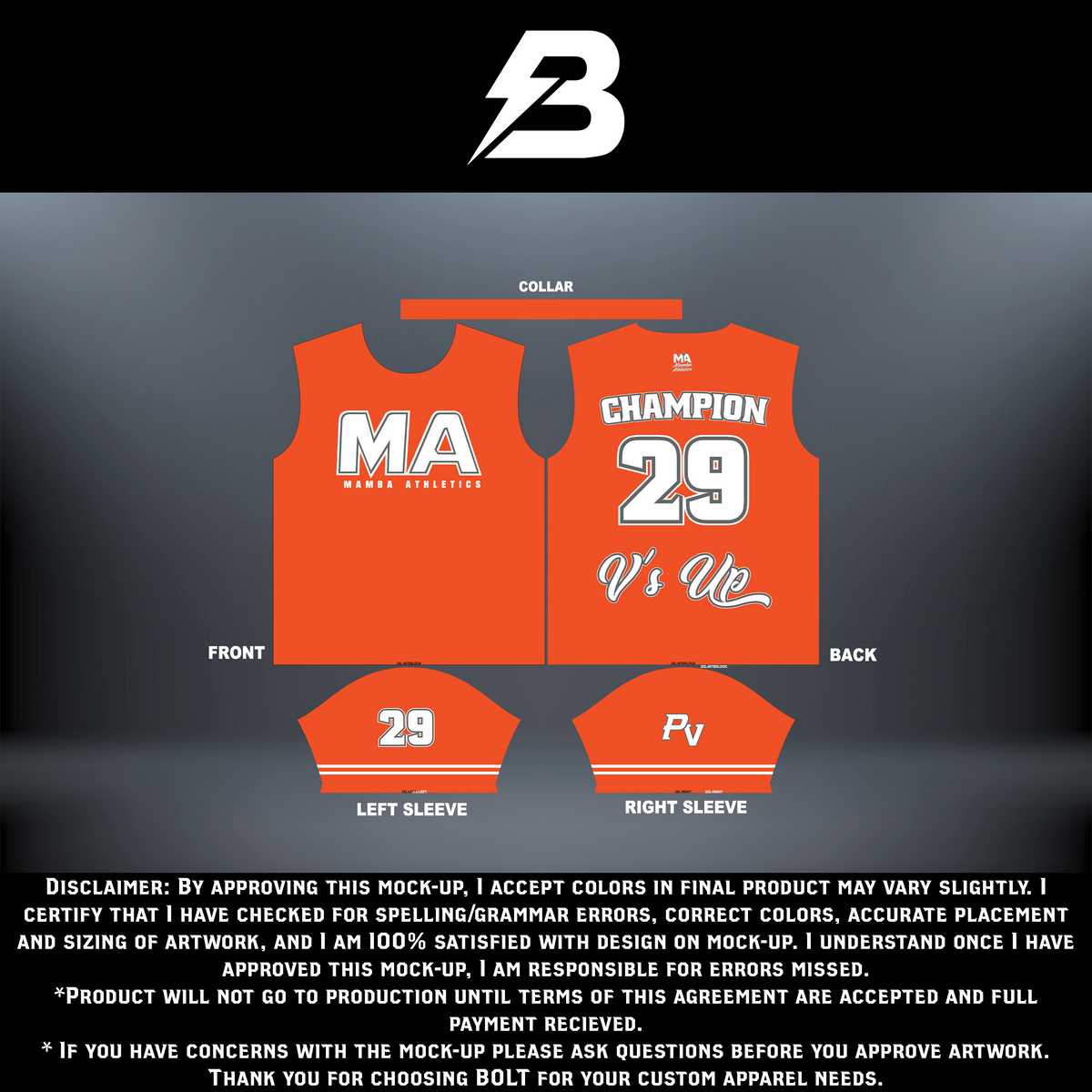 Orange MAMBA ATHLETICS V'S UP sportswear hoodie by BOLT Custom Sportswear, front view showing logo and design details.