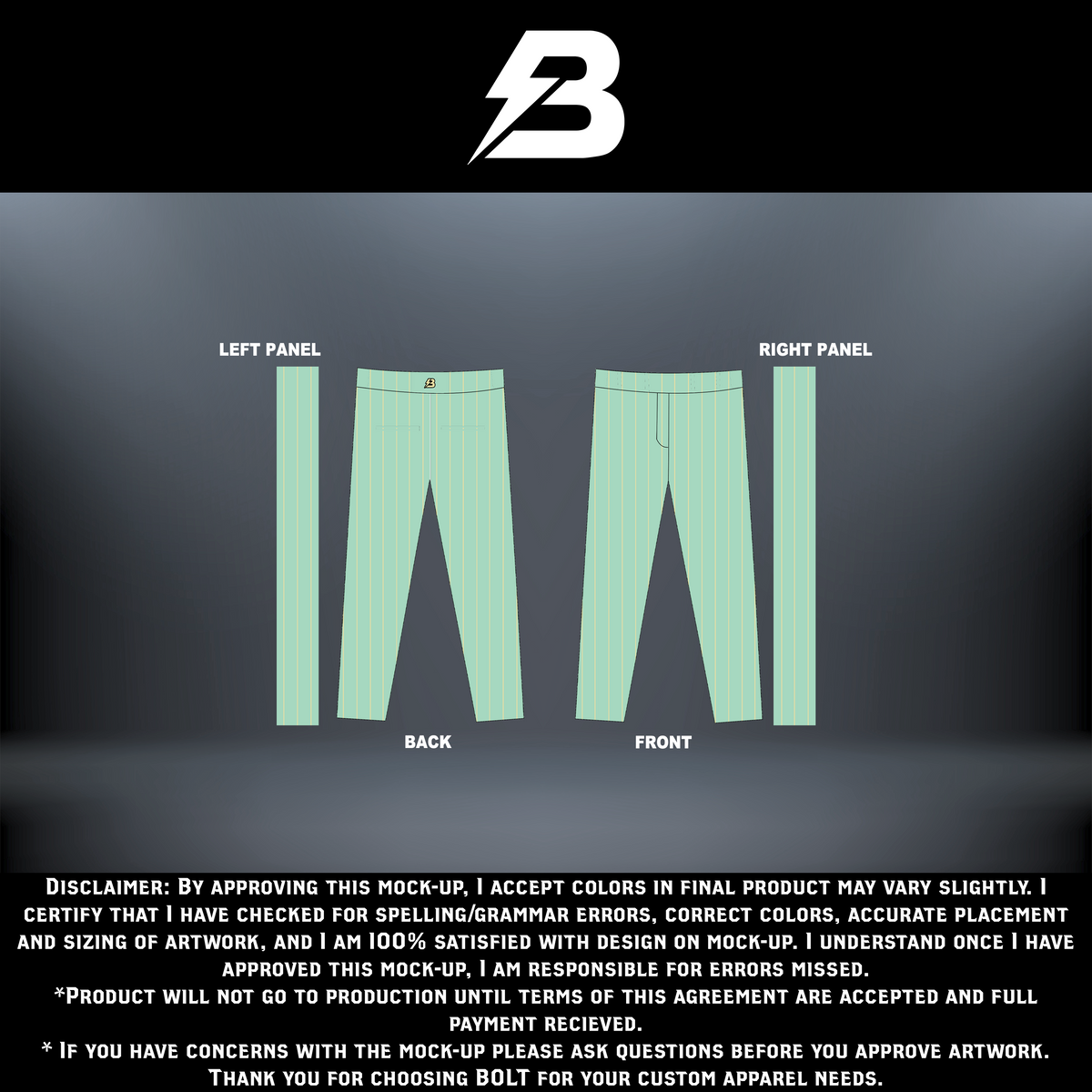 Black MAMBAS pants by BOLT Custom Sportswear with logo detail, shown folded on a white background.