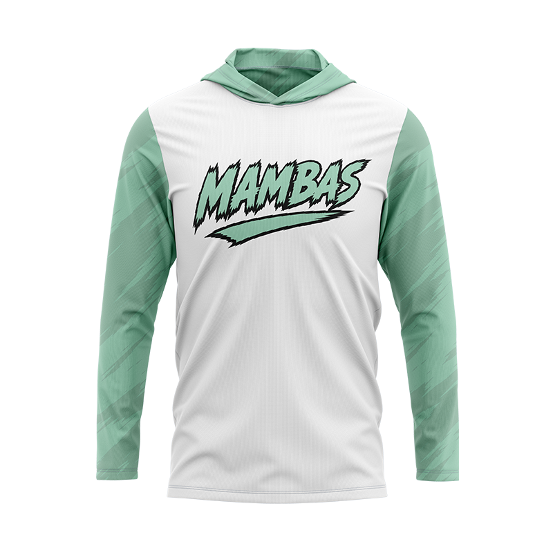 White Mambas long sleeve hoodie by BOLT Custom Sportswear, with a hood and sporty design, displayed on a plain background.