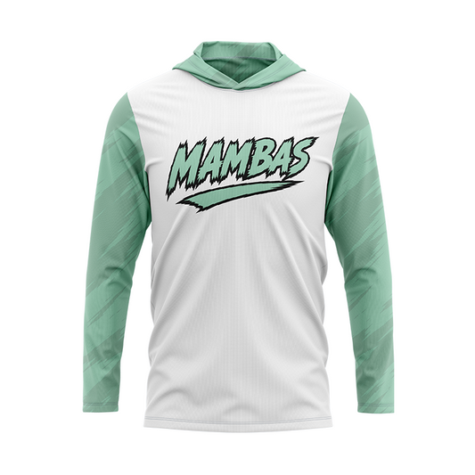 White Mambas long sleeve hoodie by BOLT Custom Sportswear, with a hood and sporty design, displayed on a plain background.