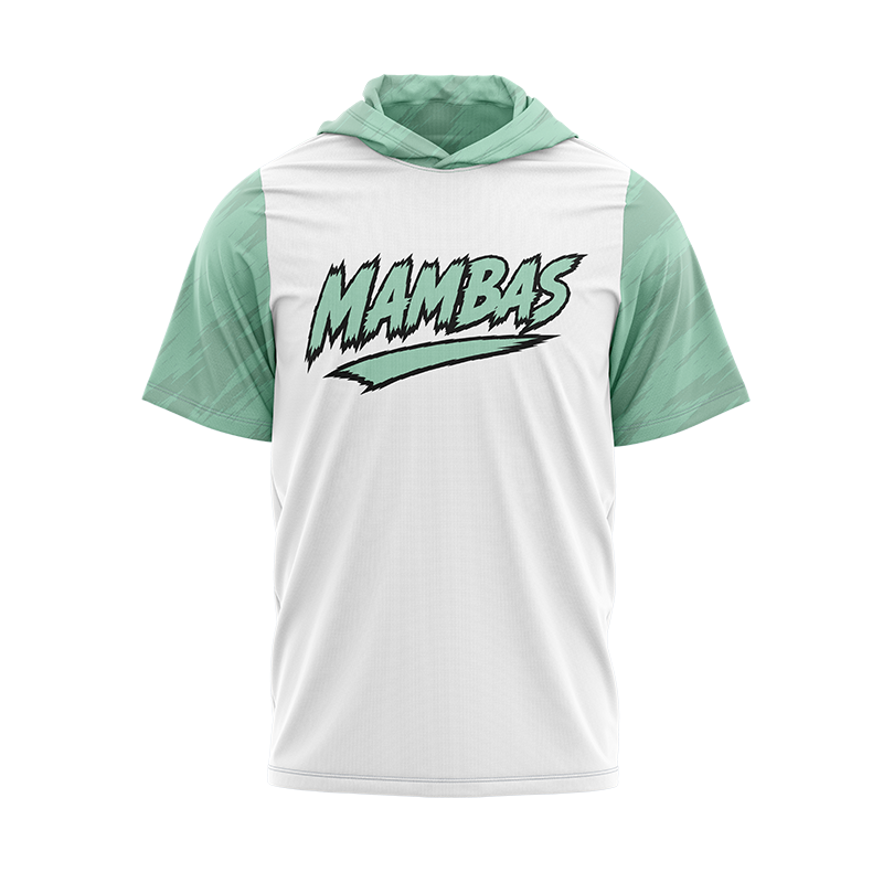White MAMBAS short sleeve hoodie by BOLT Custom Sportswear, featuring a relaxed fit and drawstring hood.