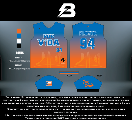 Bright orange POR VIDA T-shirt by BOLT Custom Sportswear displayed on a hanger, showcasing vibrant color and casual fit.